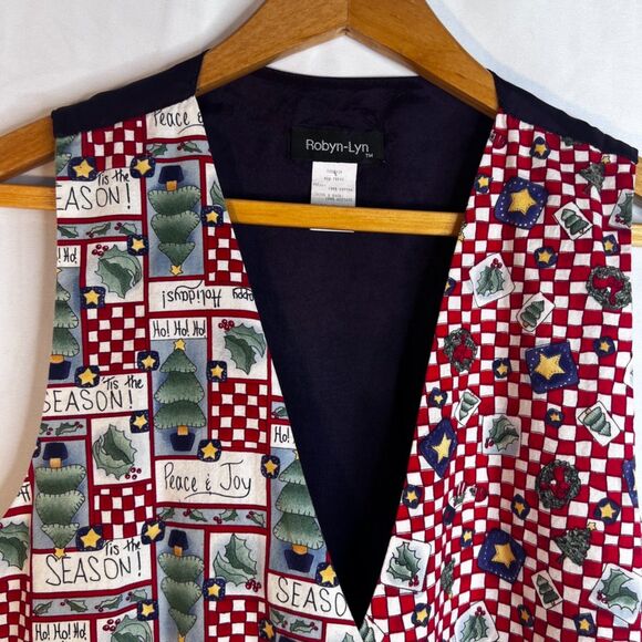 Robyn Lyn VTG Christmas VEST Mixed Print Happy Holidays Novelty Size L/XL Cotton - Picture 3 of 10